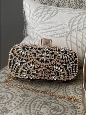 Black Clutch with Clear Crystal-Embellished with Gold